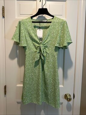 Zara Light Green Floral Tie-Front Mini Dress